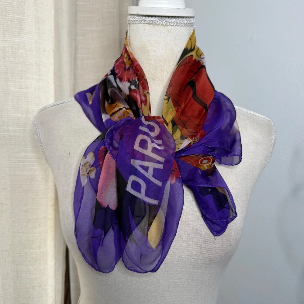 Christian Dior Silk Chiffon Scarf Floral Paris‎ Graphic Purple Italy  66